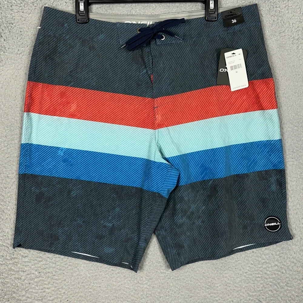 NEW O'Neill Board Shorts Mens 36 Hyperfreak Blue Red Striped Stretch Swim Trunks